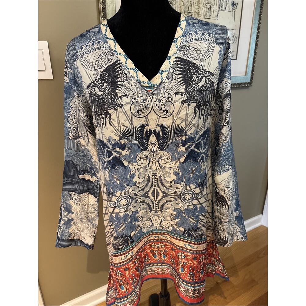 Johnny Was Mixed Print Long-Sleeve V neck Silk Tunic Blue Red Women's XS/S New